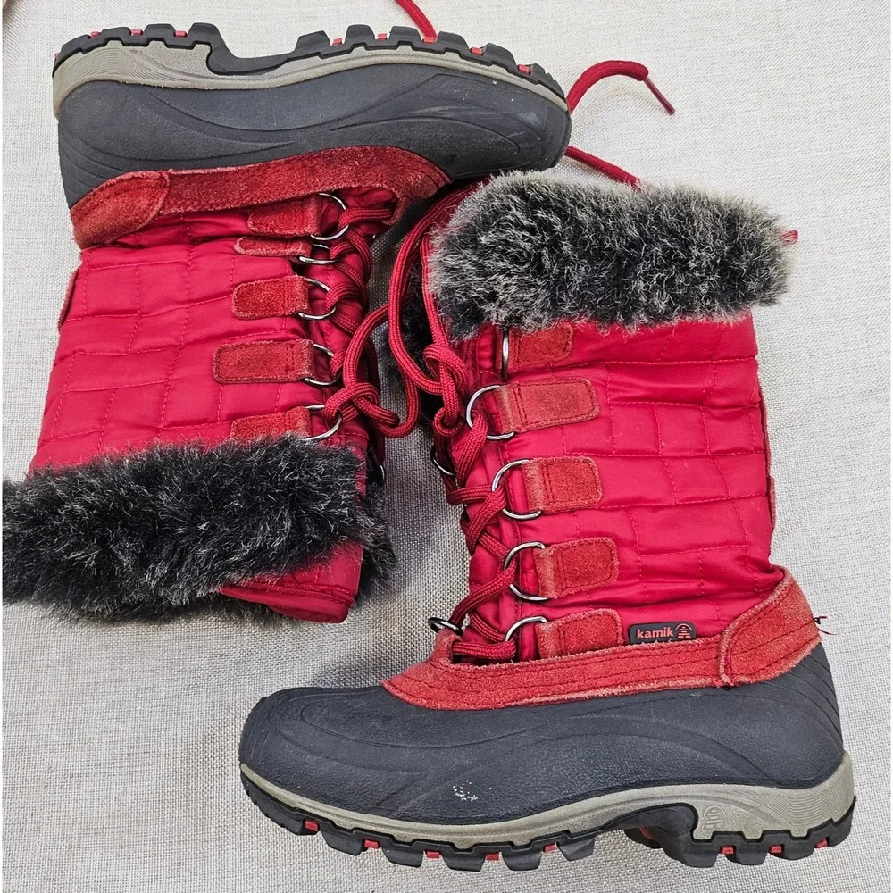 Kamik Scarlet Waterproof Insulated Winter Snow Boots Red Fur Trim Kids Sz 1 READ